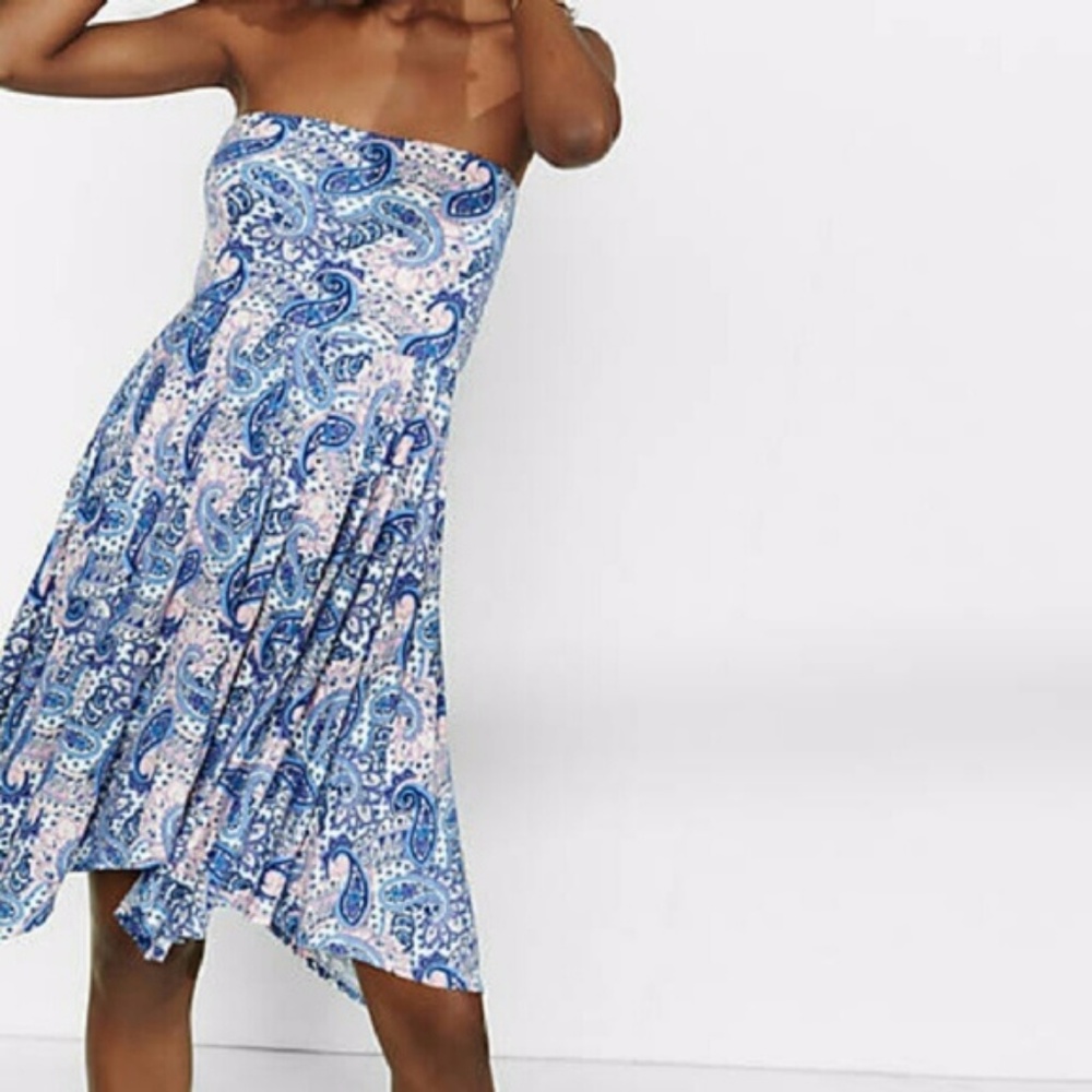 Express Assymetrical Hem Paisley Strapless Dress
